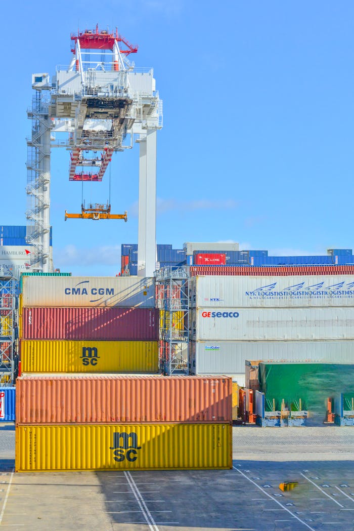 Services Stacked cargo containers in a sunny port industrial setting with crane.